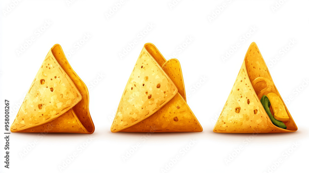Three crispy corn tortilla nacho chips, isolated on a white background with a clipping path Three crispy corn tortilla nacho chips, isolated on a white background with a clipping path