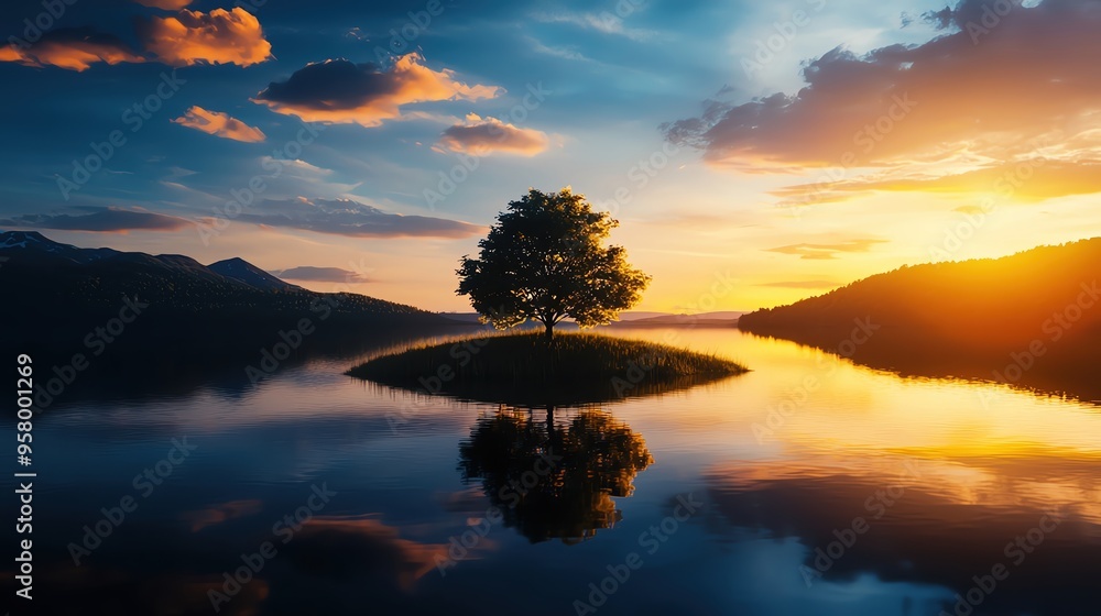 Fototapeta premium A serene sunset over a tranquil lake with a solitary tree reflecting on the water, surrounded by mountains and colorful clouds.