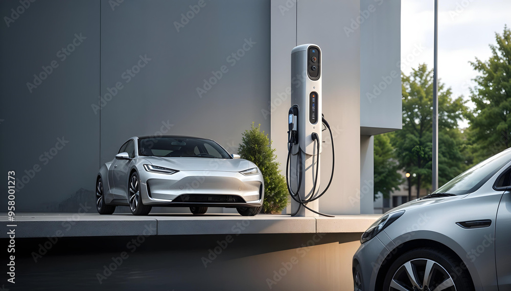 Auto eléctrico ecológico cargando Auto eléctrico ecológico cargando