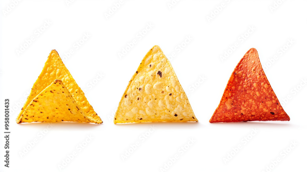 Three crispy corn tortilla nacho chips, isolated on a white background with a clipping path Three crispy corn tortilla nacho chips, isolated on a white background with a clipping path