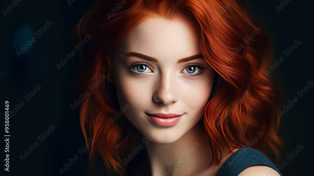 Portrait of a smiling cheerful teenage girl with a short haircut and red hair, dark blue background, banner. Portrait of a smiling cheerful teenage girl with a short haircut and red hair, dark blue background, banner.