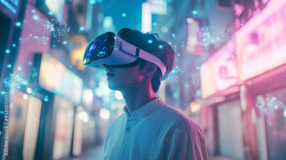 A man wearing VR glasses explores a virtual world, the metaverse. He's immersed in a futuristic digital experience, using technology that blurs the line between reality and simulation. A man wearing VR glasses explores a virtual world, the metaverse. He's immersed in a futuristic digital experience, using technology that blurs the line between reality and simulation.
