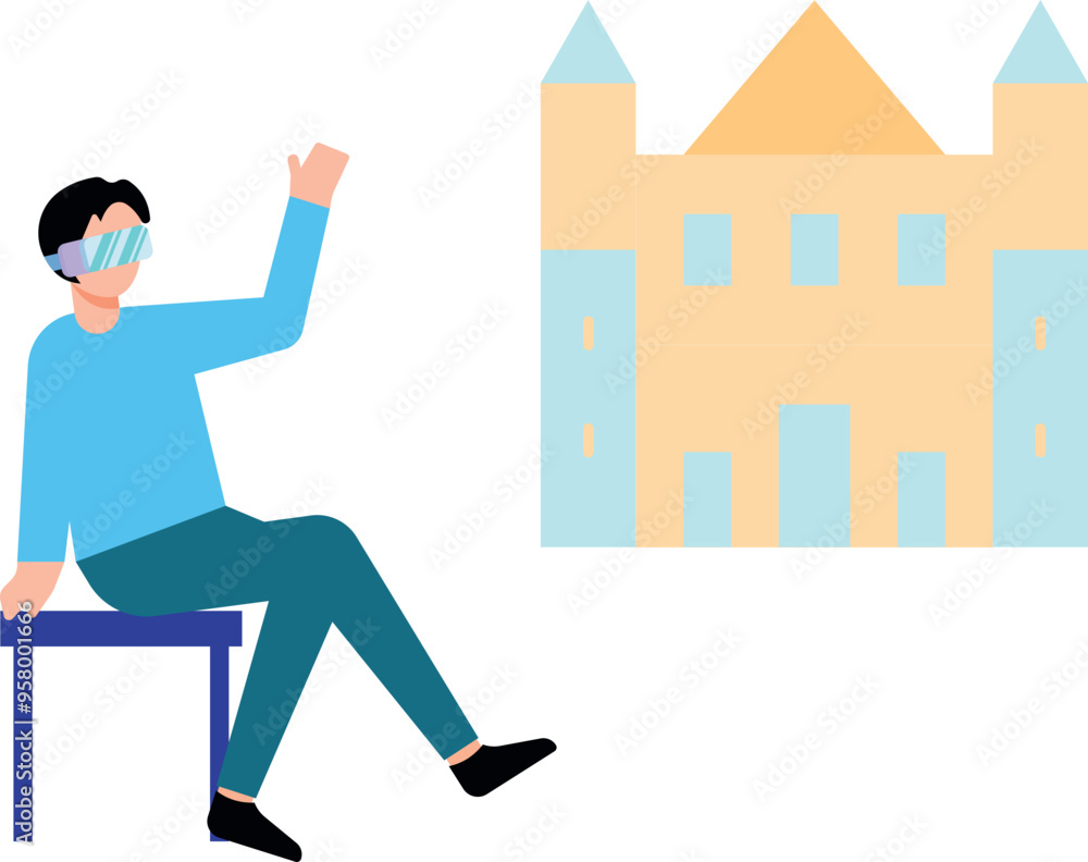 Boy wearing VR glasses looking at the castle. Boy wearing VR glasses looking at the castle.