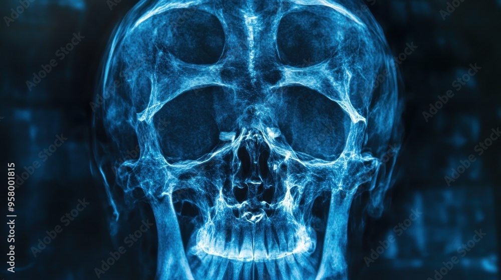A blue toned X-ray image of a human skull. A blue toned X-ray image of a human skull.
