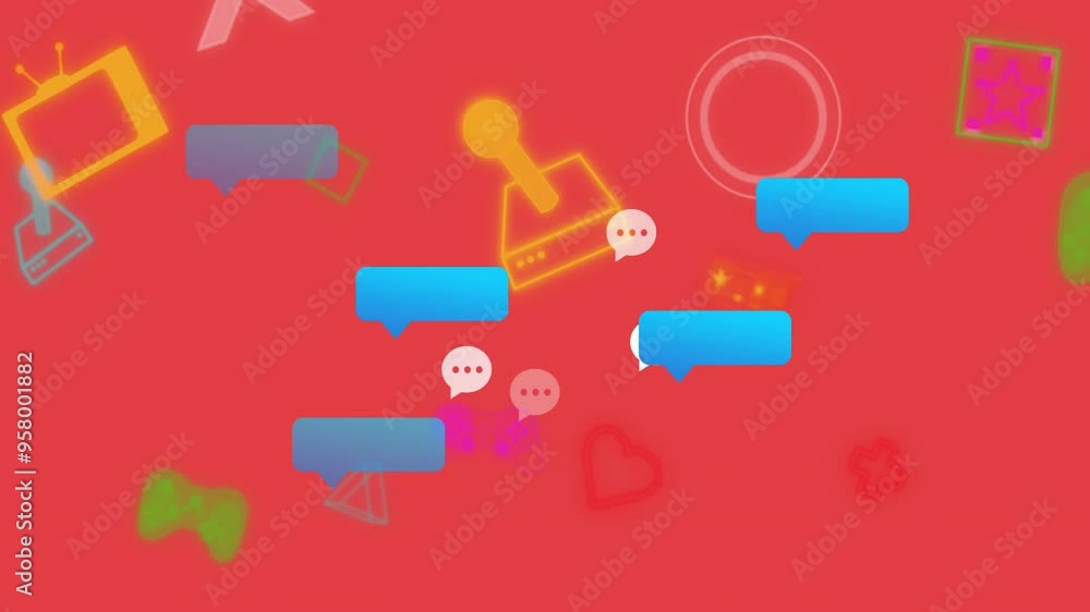 Chat bubbles and social media icons animation over red background