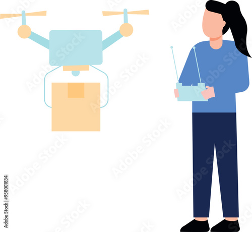 Girl receiving parcel by drone.
