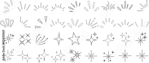 Doodle line sparkle, starburst elements. Hand drawn star, sparkle, burst, and shine icons for creative design for enhancing visuals, adding flair, and emphasizing text in digital projects