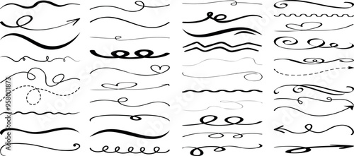Hand drawn zigzag vector line, swirl, curve, flourishes, arrow, and decorative divider for elegant designs, invitations, and creative projects. Ideal for adding artistic flair to your work