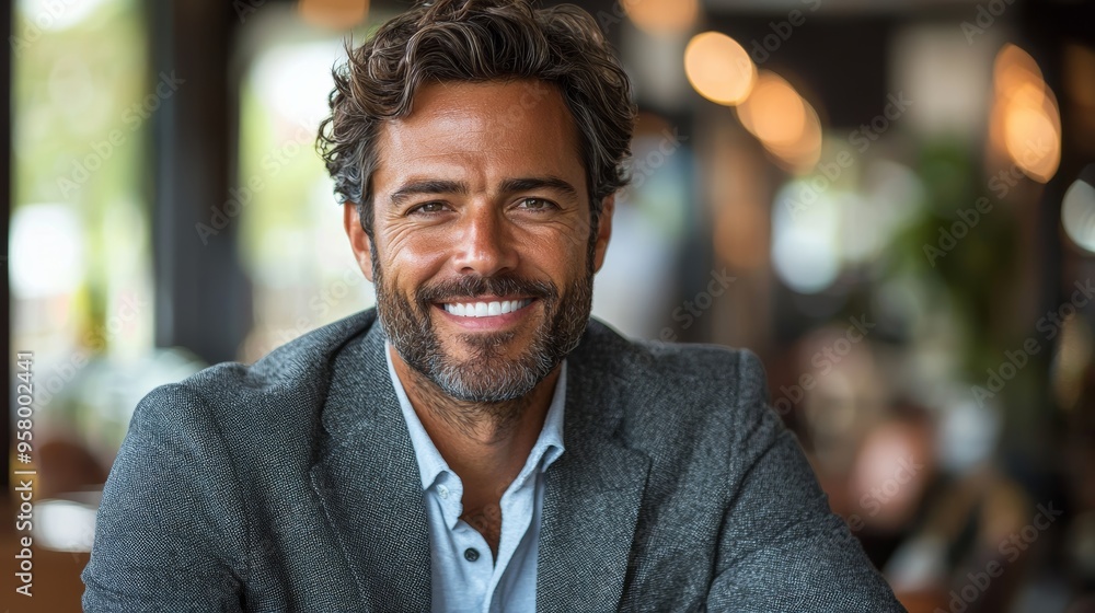 Naklejka premium A cheerful man with wavy hair in a gray blazer smiles warmly while sitting at a modern café during the afternoon