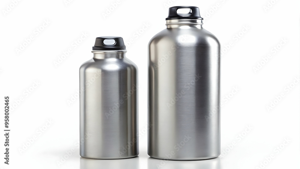 Cylindrical aluminum cans, smooth surface, no labels, recycling symbol Two aluminum cans, shiny and smooth, standing upright on white. Cylindrical aluminum cans, smooth surface, no labels, recycling symbol Two aluminum cans, shiny and smooth, standing upright on white.