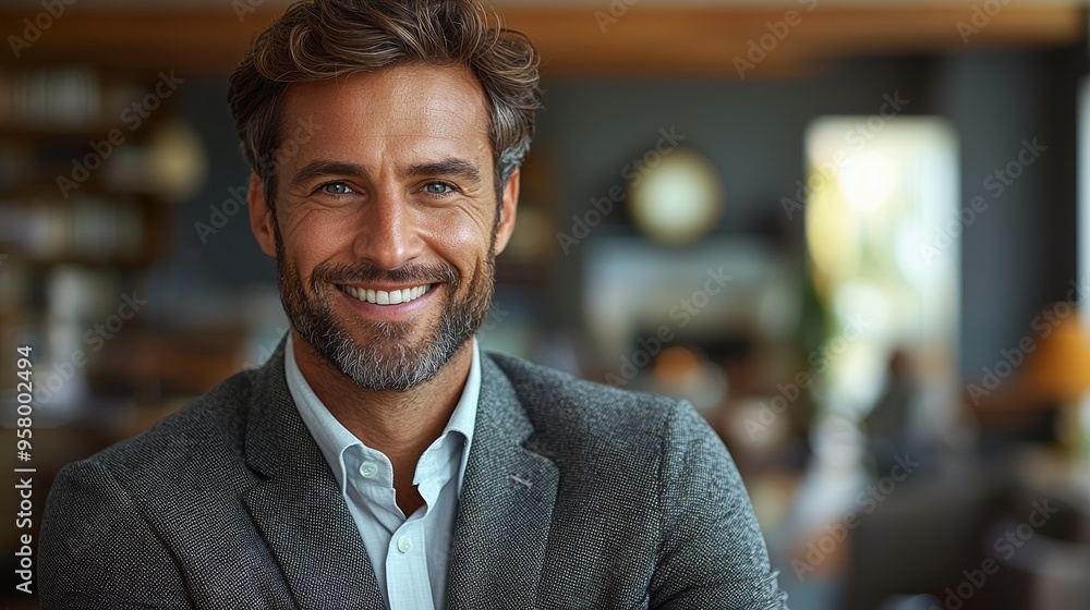 Professional man with stylish hair and beard smiles warmly in a modern indoor setting Professional man with stylish hair and beard smiles warmly in a modern indoor setting