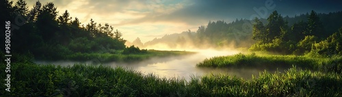 A tranquil river landscape  illuminated by morning light  surrounded by lush greenery and soft mist  creating a serene atmosphere.