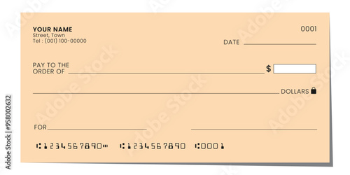 Bank check, blank money cheque, checkbook template for business. Currency payment coupon. Vector