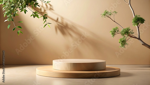 Minimalist product display with wooden podium and green leaves