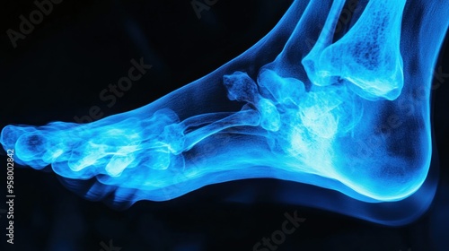 X-ray image of a human foot, showing the bones and joints in detail.