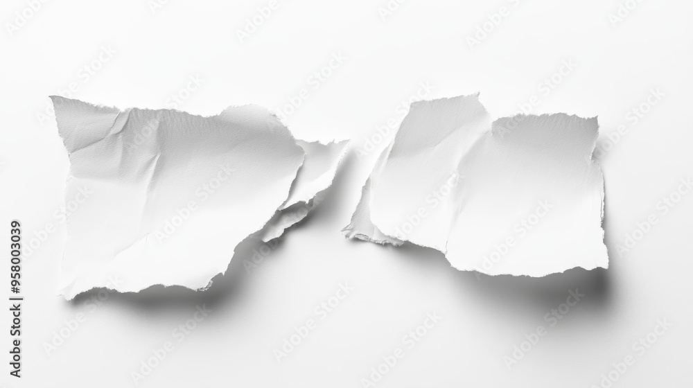 Torn sheet of paper, isolated on a white background, showcasing torn edges and texture. Torn sheet of paper, isolated on a white background, showcasing torn edges and texture.