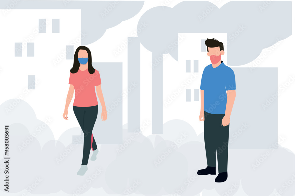 A boy and a girl are standing wearing masks. A boy and a girl are standing wearing masks.
