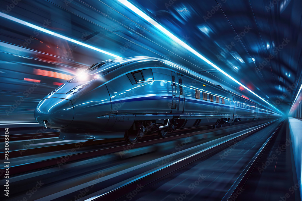 Modern high-speed train in fast motion passes through railway stations on blurred background Modern high-speed train in fast motion passes through railway stations on blurred background