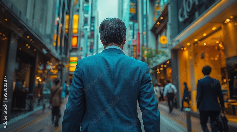 A businessman walking through a bustling urban street lined with shops and neon lights in the evening hours of a busy city A businessman walking through a bustling urban street lined with shops and neon lights in the evening hours of a busy city