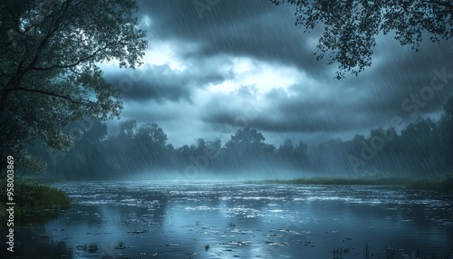 Design a rainy mood setting with dark, cloudy skies, steady rainfall, and glistening puddles on the ground, capturing a melancholic and serene ambiance