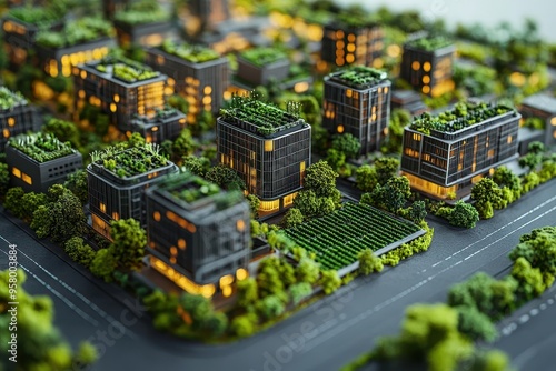 A digital model of a future city with vertical gardens, renewable energy systems, and eco-friendly infrastructure, symbolizing a sustainable ecological plan