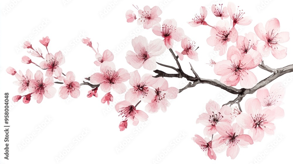Blooming pink cherry blossoms against a serene white background. Blooming pink cherry blossoms against a serene white background.