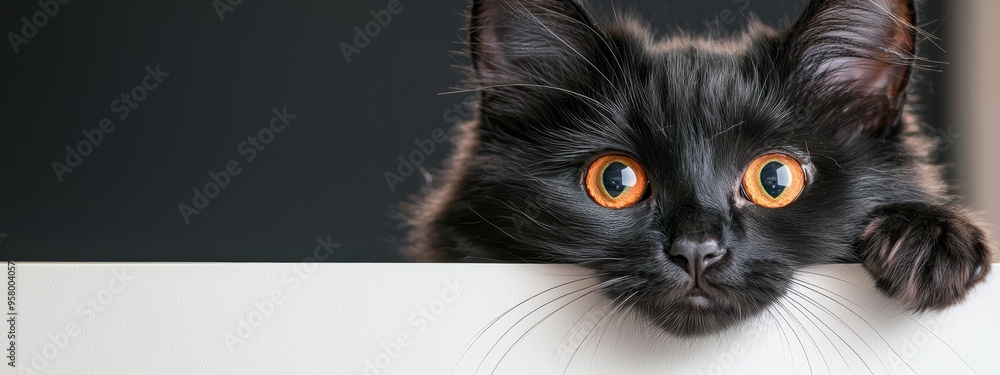 Fototapeta premium A black feline with orange eyes concealed by a white wall peers intently at the camera, displaying a grave expression