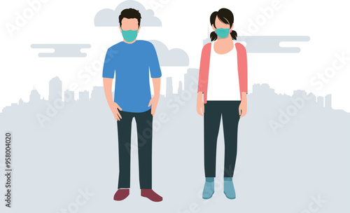 A boy and a girl are wearing masks to protect themselves from air pollution.