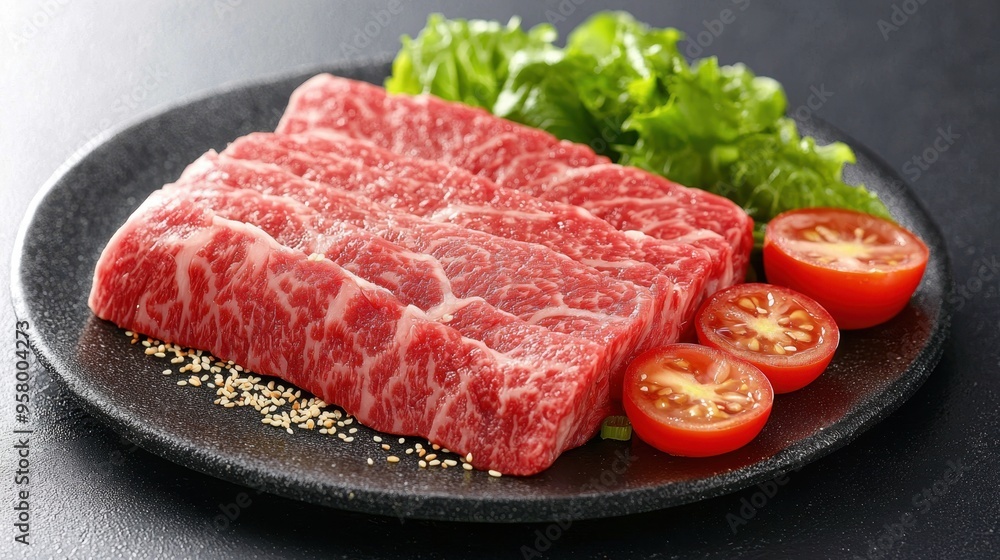 Succulent Raw Beef Ribs Garnished with Sesame Seeds and Green Onions on Black Plate, Served with Tomatoes and Lettuce Succulent Raw Beef Ribs Garnished with Sesame Seeds and Green Onions on Black Plate, Served with Tomatoes and Lettuce