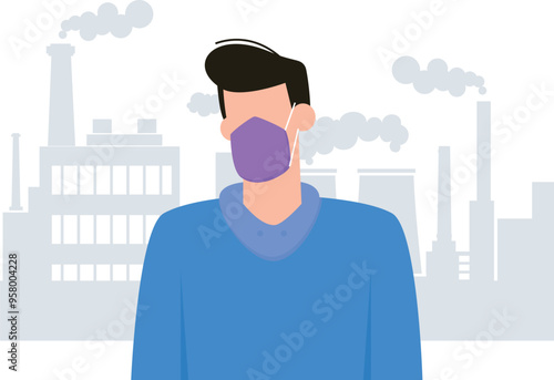 A boy wearing a mask avoids air pollution.