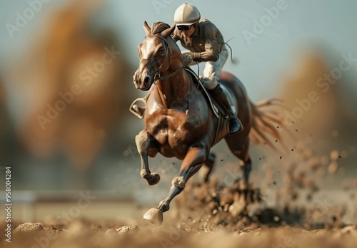 A skilled jockey is riding a horse on a wellmaintained dirt track