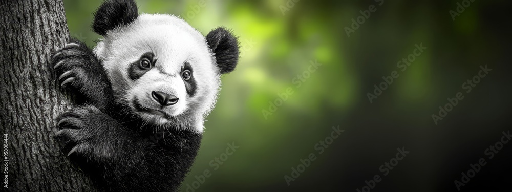 Fototapeta premium A black-and-white image of a panda bear touching tree trunk with paws, surrounded by a background of green leaves on a tree