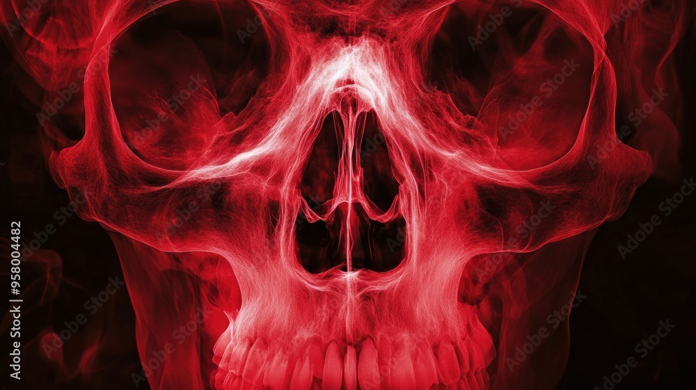 A red smoke skull with a white outline and a black background. A red smoke skull with a white outline and a black background.