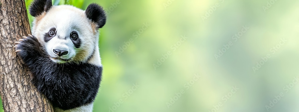 A panda sitting atop a tree with a leafy green background, gazes into the camera A panda sitting atop a tree with a leafy green background, gazes into the camera