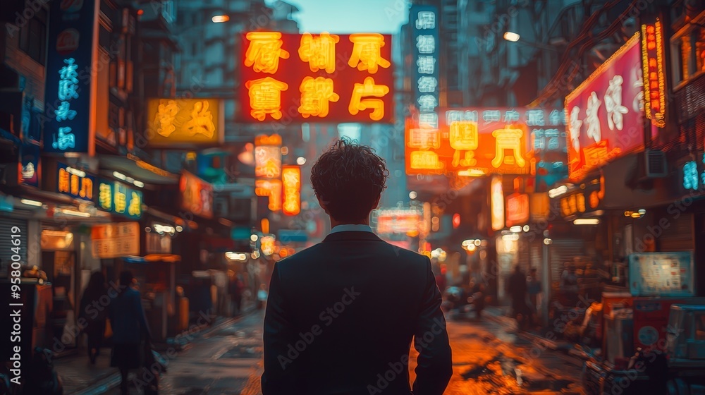 A man in a suit stands in a bustling city street filled with colorful neon signs at night, capturing the vibrant urban atmosphere A man in a suit stands in a bustling city street filled with colorful neon signs at night, capturing the vibrant urban atmosphere