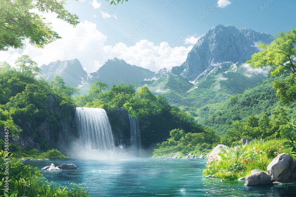 Fototapeta premium Serene waterfall in lush green mountain landscape