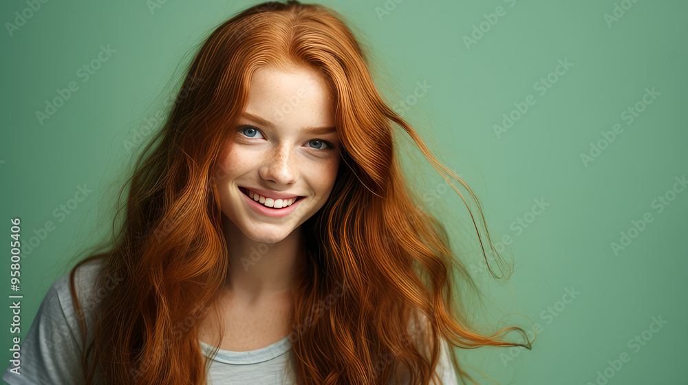 Fototapeta premium Portrait of a smiling cheerful teenage girl with long red hair and perfect skin, light green background, banner.