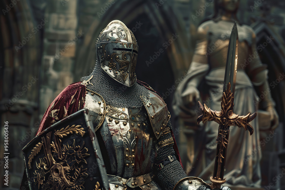 A fantastic royal knight in armor guards the castle chambers A fantastic royal knight in armor guards the castle chambers