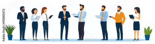 Professional business meeting with diverse team discussing ideas and plans, standing in modern office setting with digital devices.