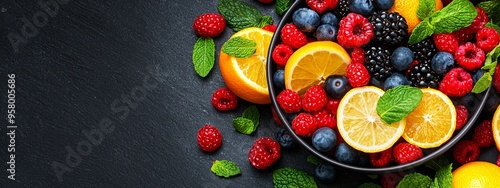  Berries, oranges, raspberries, and lemons are arranged in a bowl against a black surface (This version maintains the original meaning but improves readability by using photo