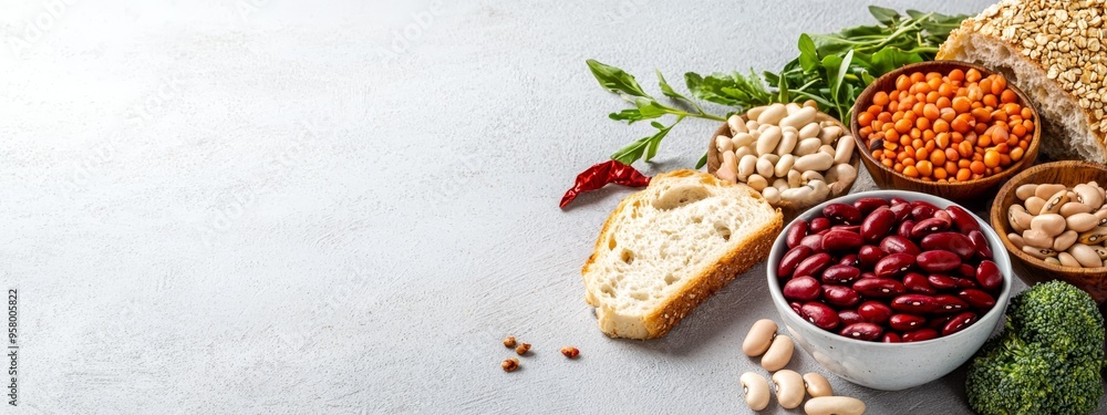 A bowl with beans, broccoli, carrots, and bread on a pristine white surface A bowl with beans, broccoli, carrots, and bread on a pristine white surface