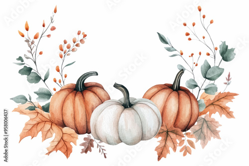 Watercolor Autumn Frame with Pumpkins and Leaves in Clip Art Style on White Background Ideal for Seasonal Decor and Creative Projects