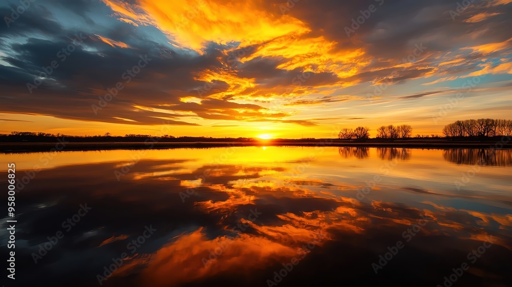 Naklejka premium Stunning sunset over calm water, showcasing vibrant orange and blue hues reflected in the serene landscape.