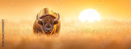  A bison silhouetted against a backdrop of tall grass in a sunset scene; sun setting in the distance
