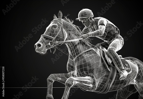 Lowpoly wireframe 3d drawing illustration of a person jockey riding a horse gracefully