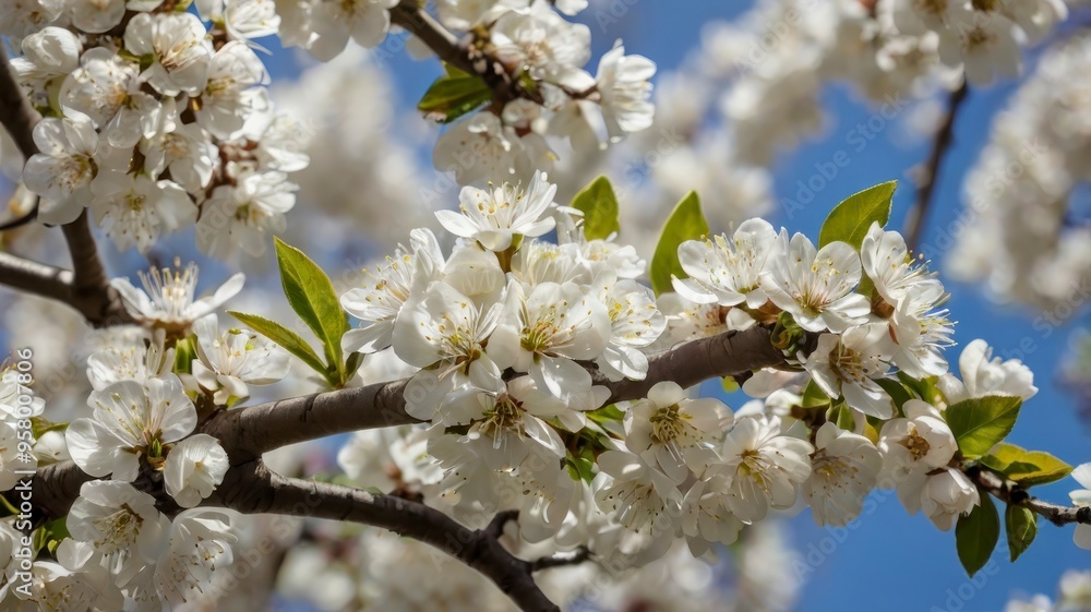 Obraz premium Springtime white blossoms on tree branch 