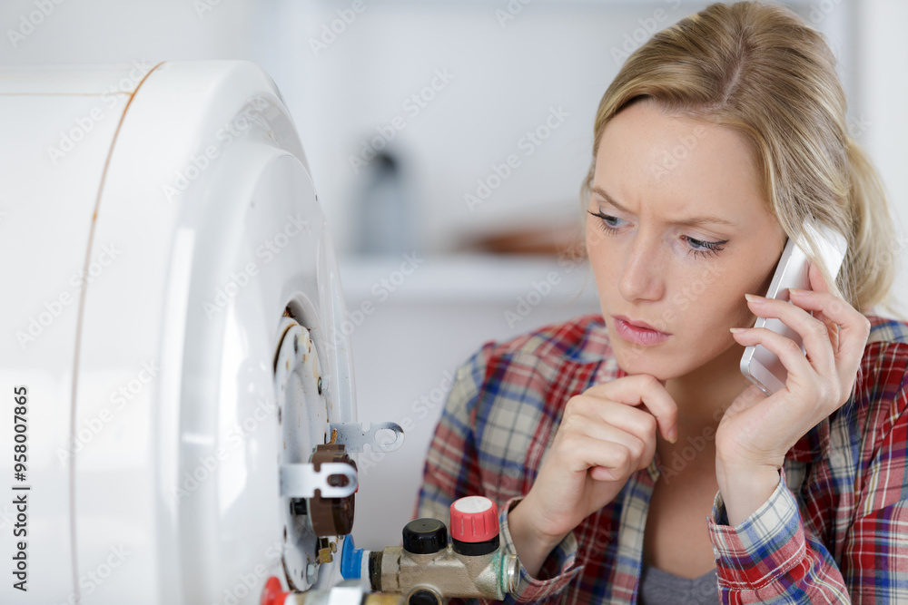 woman calling a plumber at work woman calling a plumber at work