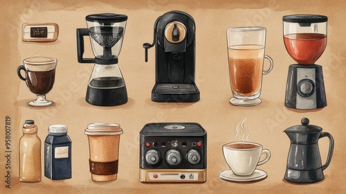 Wallpaper Mural Artistic set of Watercolor coffee machines and coffee drinks isolated on brown background,hand-drawn vector,coffee cups and coffee beans,modern flat design,Fashionable and cute coffee motif concept. Torontodigital.ca