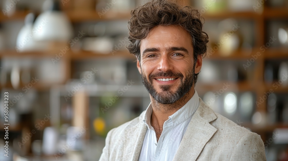 Fototapeta premium A smiling man with curly hair wearing a light blazer in a cozy, well-decorated café during the daytime