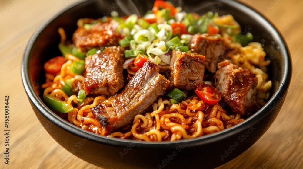 Spicy Asian Beef Noodle Bowl with Vegetables Served on Wooden Table Spicy Asian Beef Noodle Bowl with Vegetables Served on Wooden Table